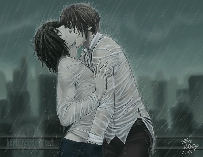 kissing in the rain wallpaper. L and Kira kissing in the rain